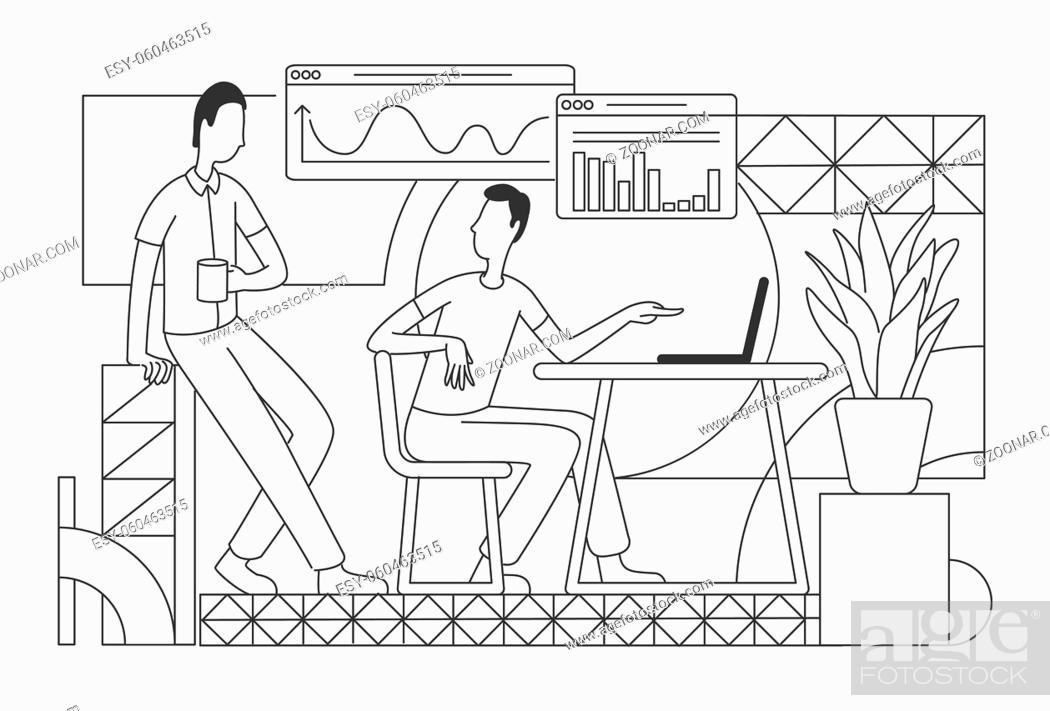 Imagen: Company sales analysis thin line vector illustration. Office workers analyzing charts and graphs outline characters on white background.