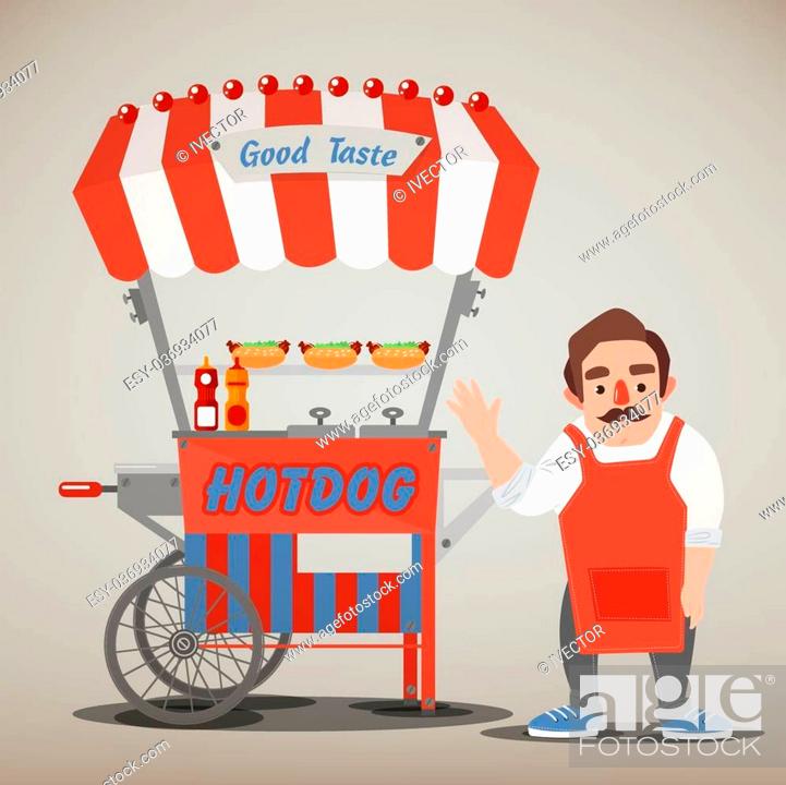 Street Food Concept with Hot Dog Cart and Seller. Vector illustration,  Stock Vector, Vector And Low Budget Royalty Free Image. Pic. ESY-036934077  | agefotostock
