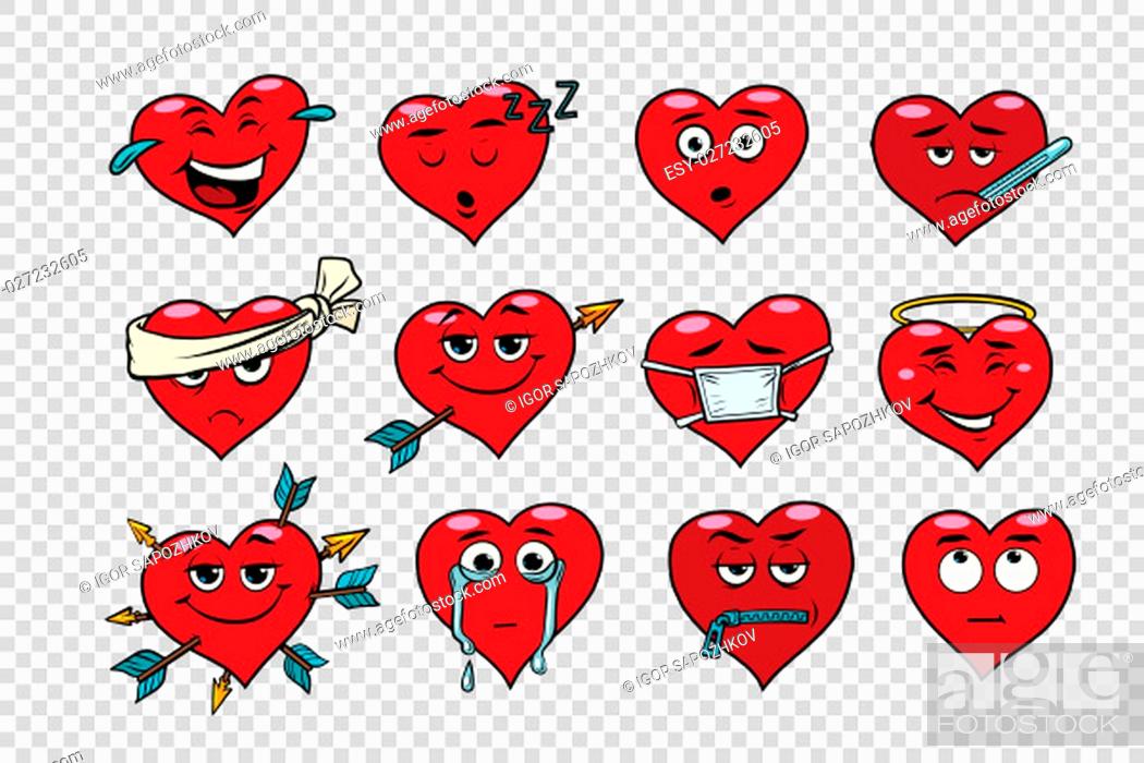Photo de stock: Red heart Valentine set of characters. Faces emoticons with various emotions. Transparent background. Holiday collection.