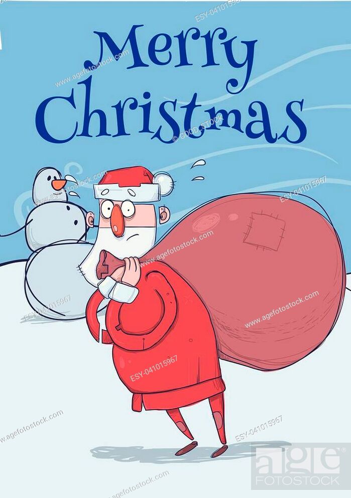 Christmas card of funny confused Santa Claus with big bag standing next to  snowman in windy weather, Stock Vector, Vector And Low Budget Royalty Free  Image. Pic. ESY-041015967 | agefotostock