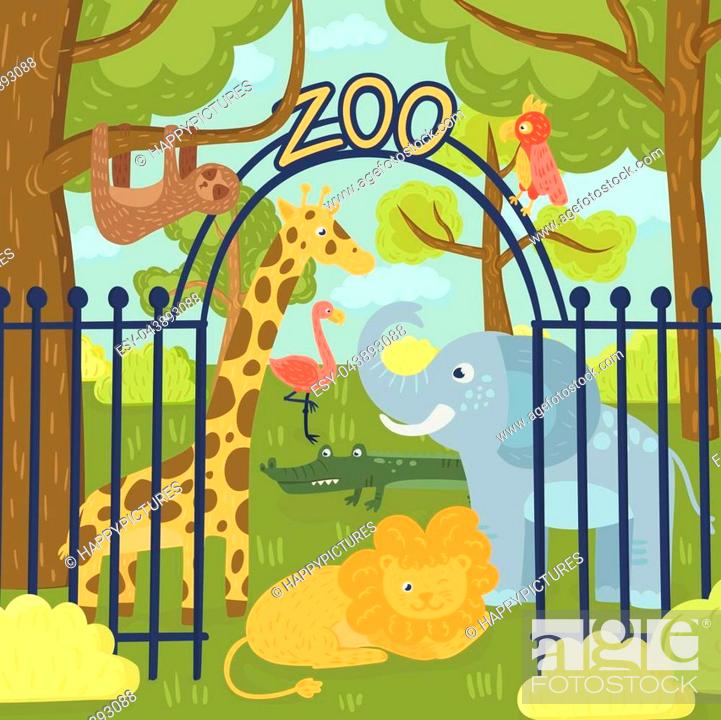 Cartoon illustration of wild animals in zoo park. Giraffe, elephant,  parrot, lion, sloth, koala bear, Stock Vector, Vector And Low Budget  Royalty Free Image. Pic. ESY-043893088 | agefotostock
