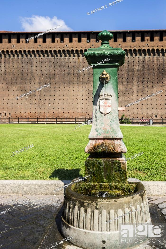 Stock Photo: Traditional drinking fountain. Sforza Castle (Castello Sforzesco). Milan, Lombardy, Italy, Europe.
