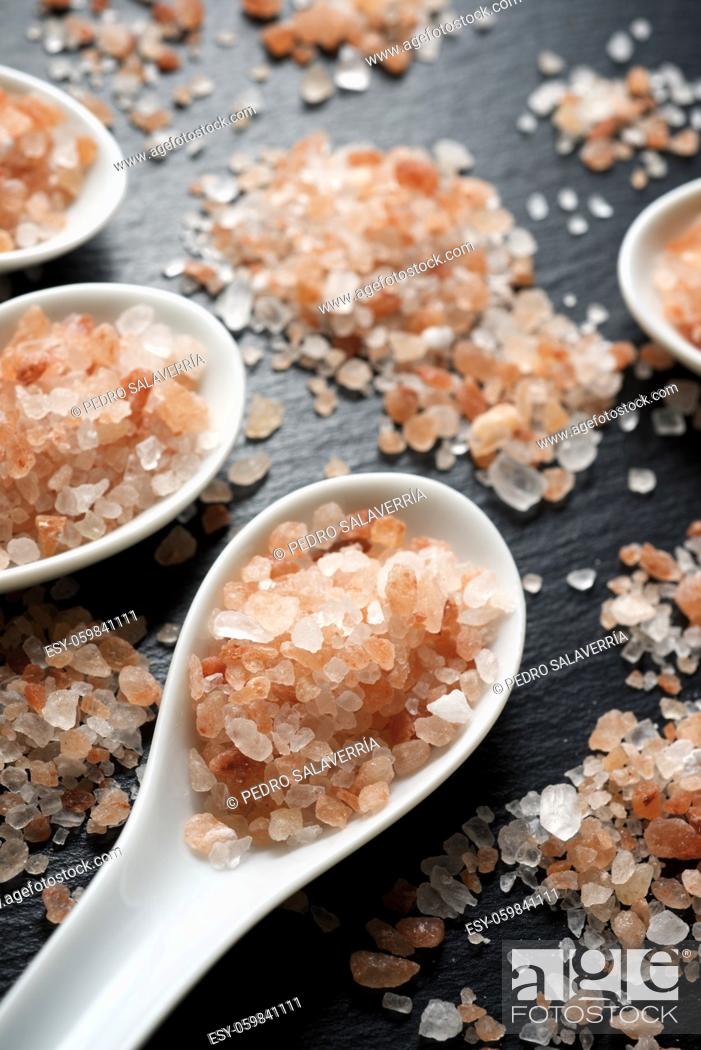 Stock Photo: Himalayan salt on a little spoons.