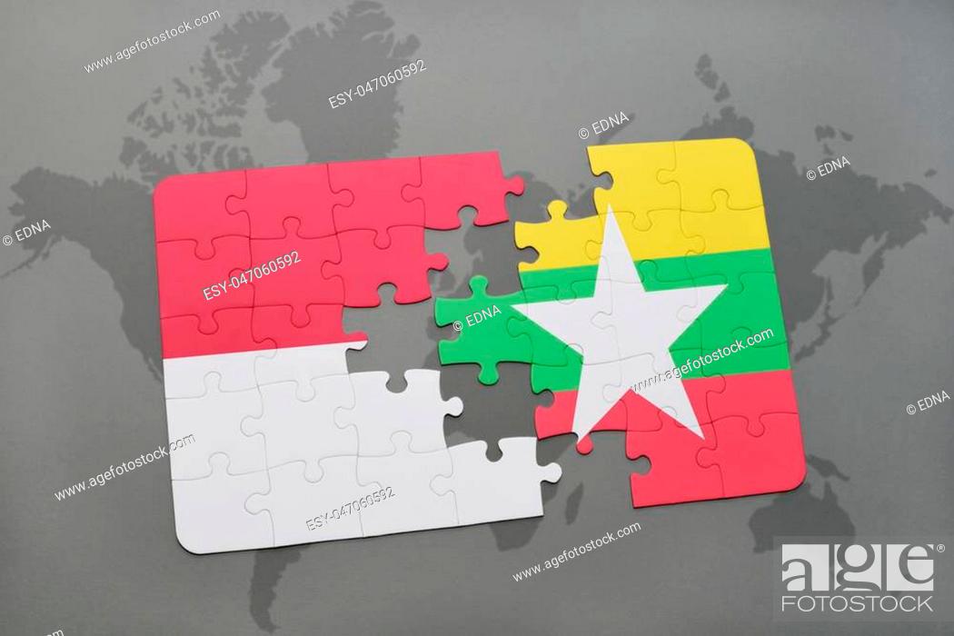 Stock Photo: puzzle with the national flag of indonesia and myanmar on a world map background. 3D illustration.
