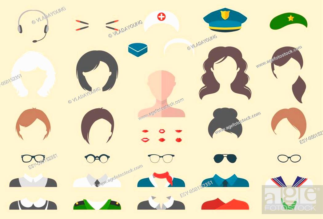 Stock Vector: Big vector set of professions dress up constructor with different woman occupation, glasses, lips, hairstyles, hats, wear in trendy flat style.