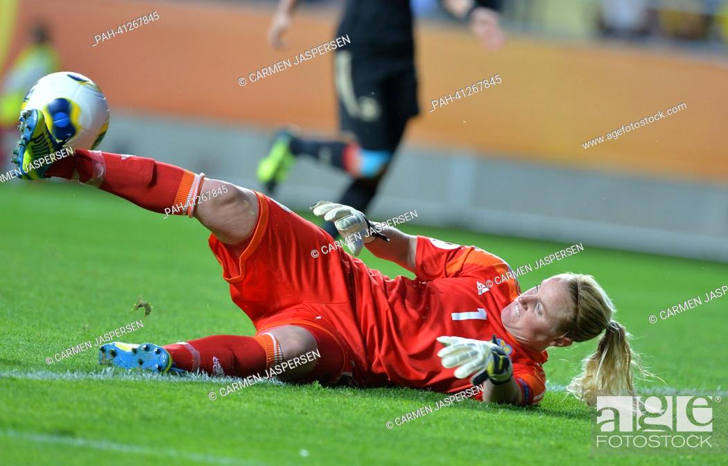 Stock Photo: Goalkeeper Kristin Hammarström of Sweden on the ball during the UEFA Women's EURO 2013 semi-final soccer match between Germany and Sweden at the Gamla Ullevi.