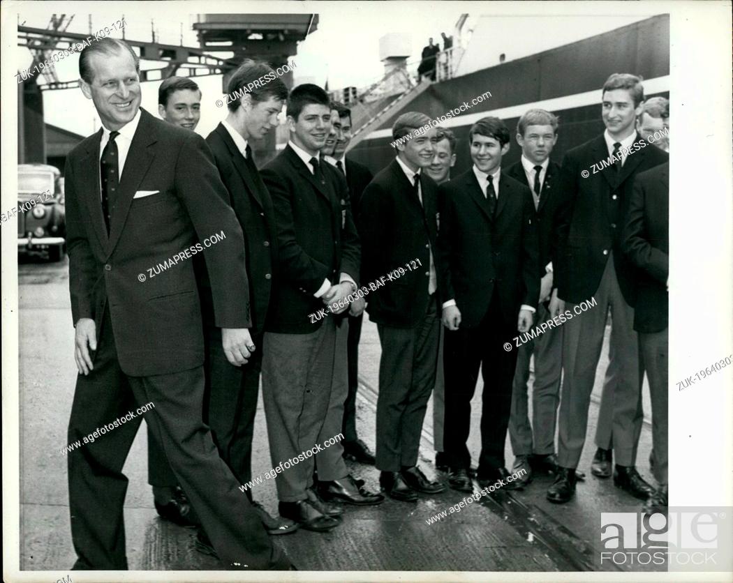 Stock Photo: Mar. 03, 1964 - Prince Philip Meets Canadian Rugger Players on a tour of the new motor vessel 'Gaelic Ferry' at Tilbury Docks in Essex today, March, 24.
