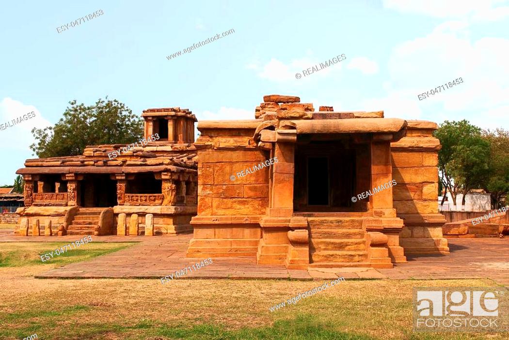 Stock Photo: Lad Khan Temple on the left and Suryanarayana Gudi on the right, Aihole, Bagalkot, Karnataka, India.