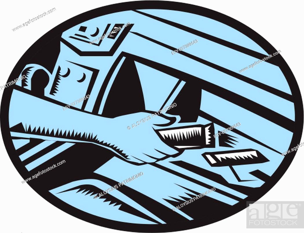 Stock Photo: Illustration showing hand reaching in the glove box for an energy bar set inside oval shape done in retro woodcut style.