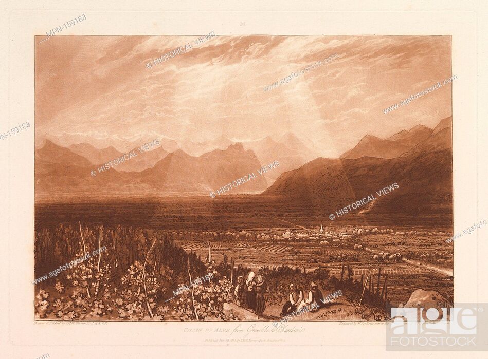 Stock Photo: Chain of Alps from Grenoble to Chamberi (Liber Studiorum, part X, plate 49). Artist: Designed and etched by Joseph Mallord William Turner (British.
