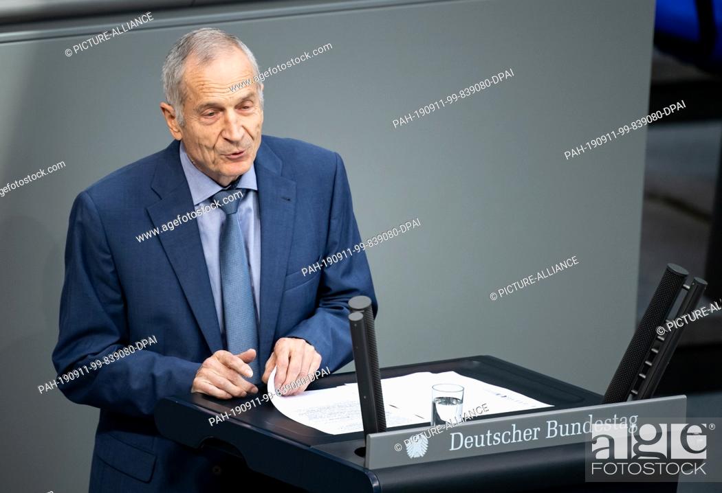 Stock Photo: 11 September 2019, Berlin: Martin Hohmann (AfD) speaks from the Federal Ministry of Defence in the German Bundestag during the discussion of the budget.