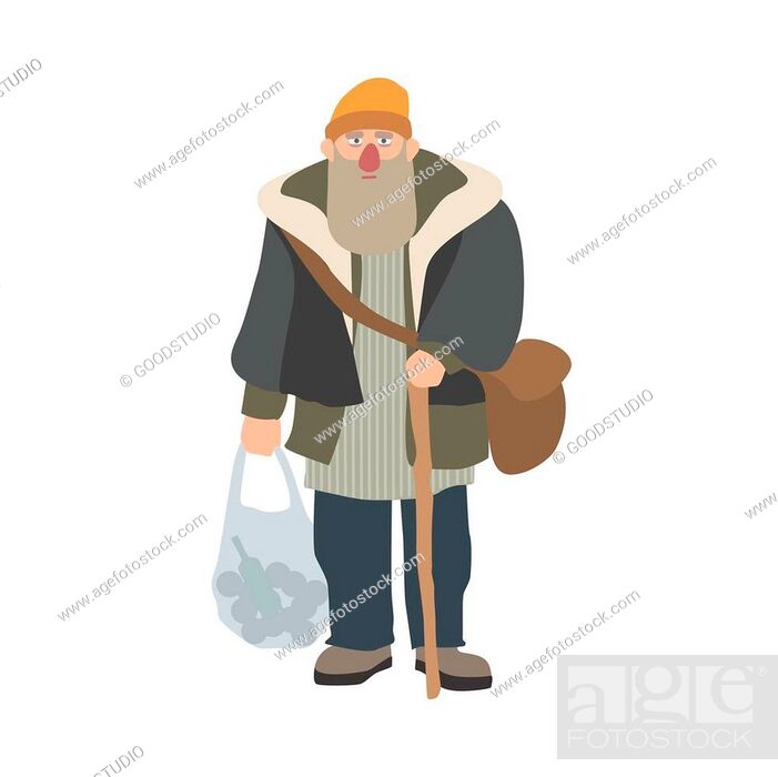 Old homeless man with beard and cane standing and holding plastic bag,  Stock Vector, Vector And Low Budget Royalty Free Image. Pic. ESY-041901517  | agefotostock