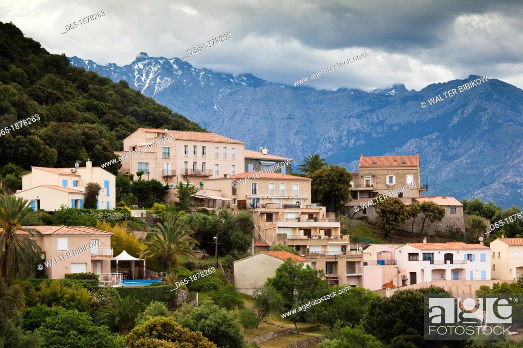 Stock Photo: France, Corsica, Haute-Corse Department, La Balagne Region, Lumio, elevated town view.