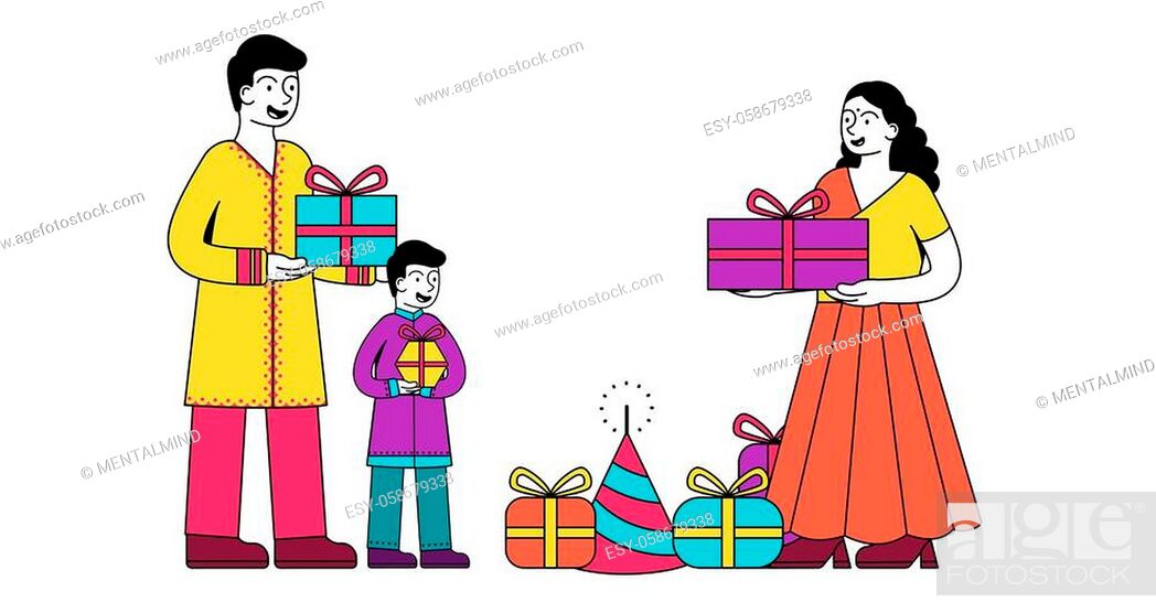 Indian family giving gifts each other on Diwali Festival, Stock Vector,  Vector And Low Budget Royalty Free Image. Pic. ESY-058679338 | agefotostock