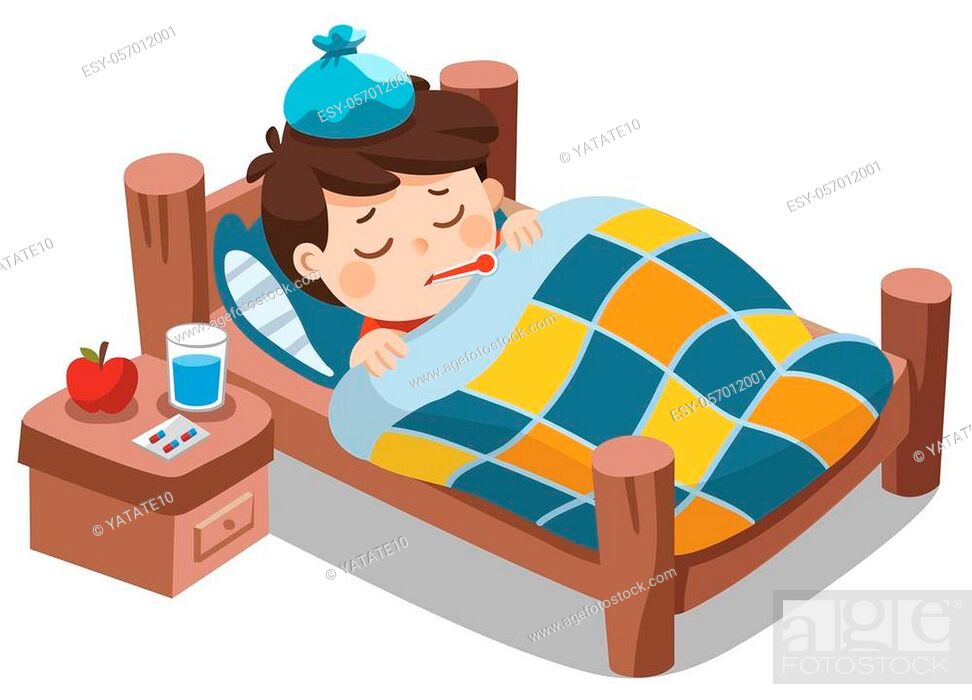 Vector: Sick cute boy sleep in bed with a thermometer in mouth and feel so bad with fever.