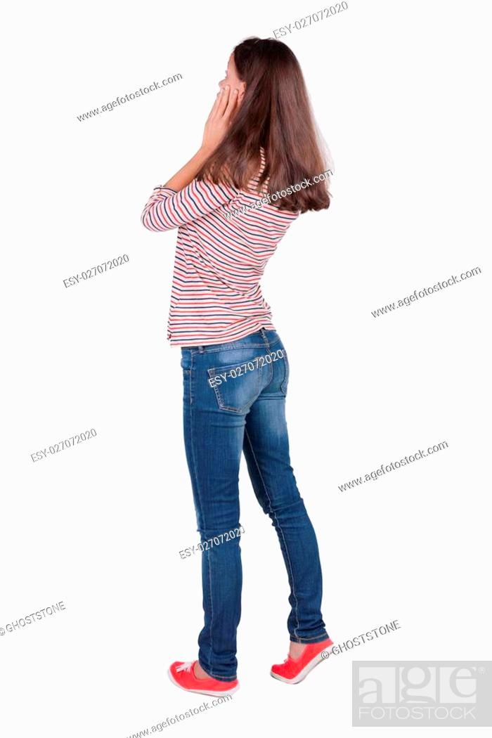 Young Girl Wearing Jeans And No Shirt With Her Back Facing The Camera