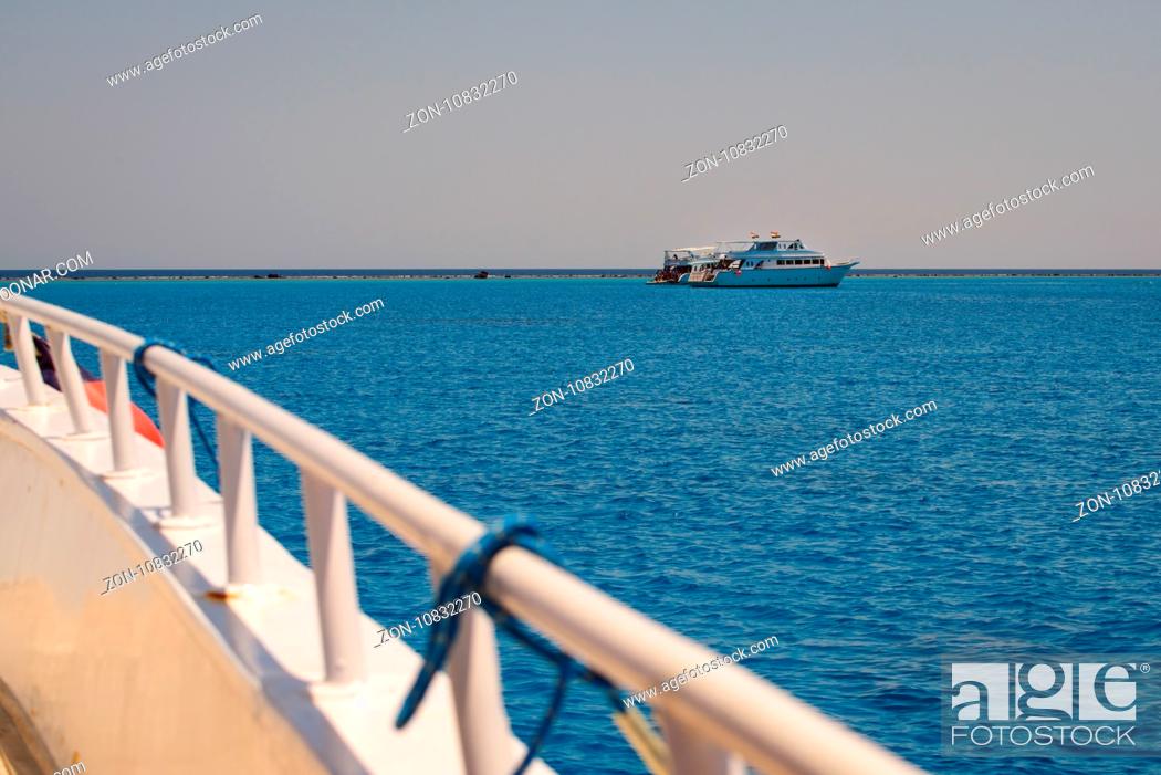Stock Photo: Tourists boat anchored in a bay in the red sea for snorkeling, luxury yacht.