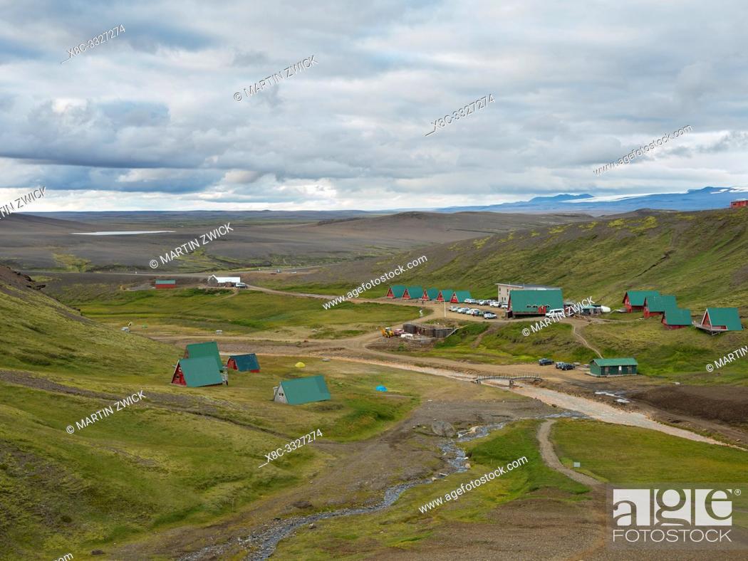 Stock Photo: Campsite and hotel. The geothermal area Hveradalir in the mountains Kerlingarfjoell in the highlands of Iceland. Europe, Northern Europe, Iceland, August.