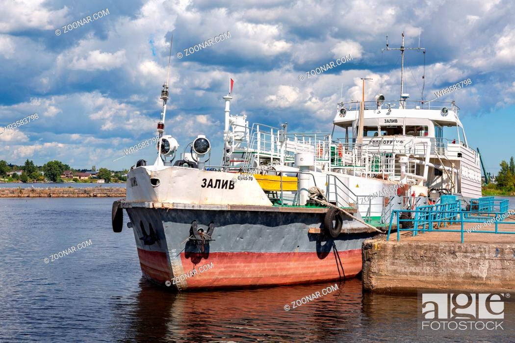 Stock Photo: Shlisselburg, Russia - August 8, 2018: Ship is at the quay wall of the river port in sunny day.
