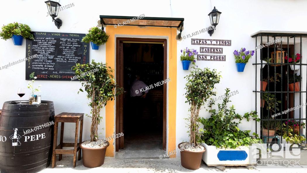 Stock Photo: Bar, cafeteria, house facade, alley, white villages, Arcos de la Frontera, Andalusia, Spain, Europe.