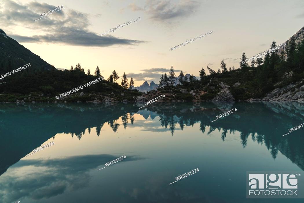 Stock Photo: Lake Sorapis at sunset in Cortina d'Ampezzo, Italy, Europe.
