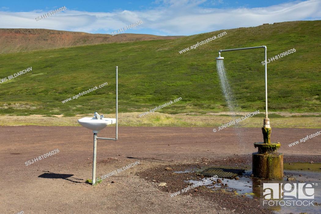 Stock Photo: Shower and sink with hot water at the central volcano Krafla near Myvatn, Iceland.
