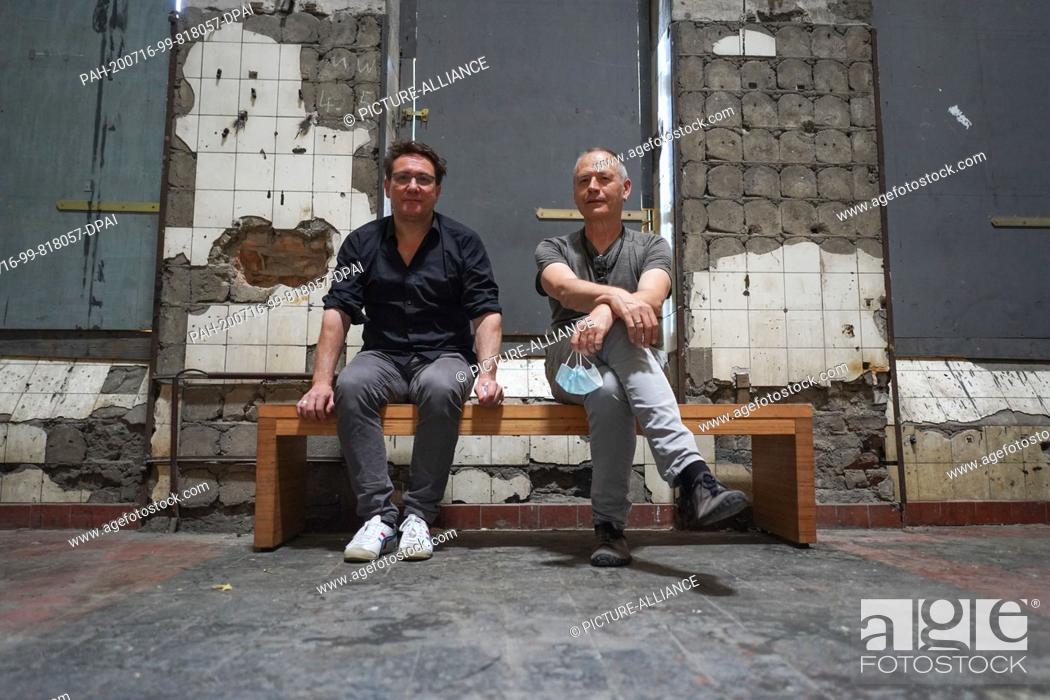 Stock Photo: 14 July 2020, Berlin: The artists Hannes Strobl (l) and Sam Auinger sit in the sound installation ""Eleven Songs"" in the hall at Berghain.