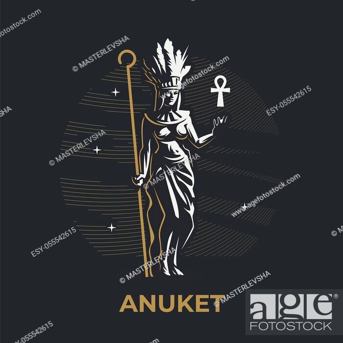 Stock Vector: Egyptian goddess Anuket. The woman is holding a staff. On the head are ostrich feathers. Ankh. Vector illustration.