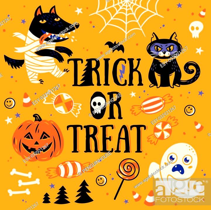 Halloween Poster or Greeting card with cartoon wolf mummy, pumpkin, cat and  sweets, Stock Vector, Vector And Low Budget Royalty Free Image. Pic.  ESY-032921267 | agefotostock