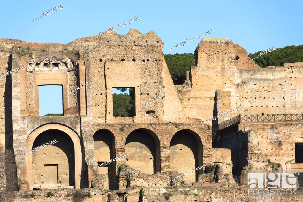 Stock Photo: Ruins of Domus Augustana on Palatine Hill seen from Circus Maximus, Rome, Lazio, Italy.
