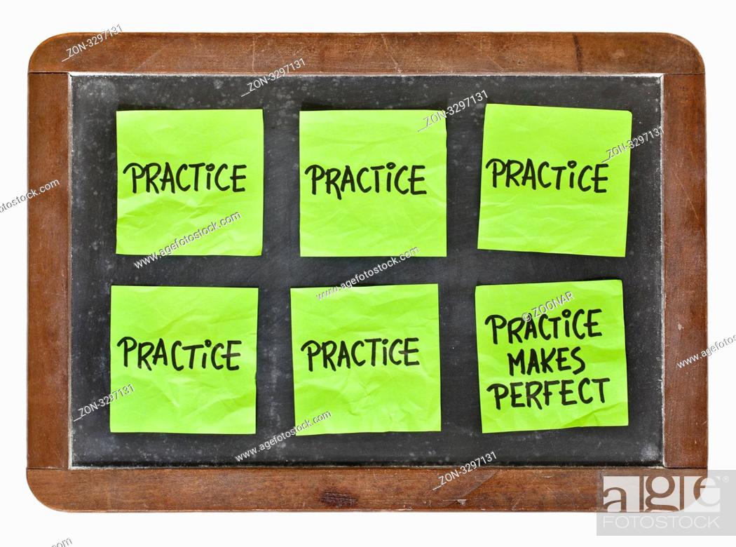 Stock Photo: practice makes perfect concept - green sticky notes with black handwriting on a vintage slate blackboard.