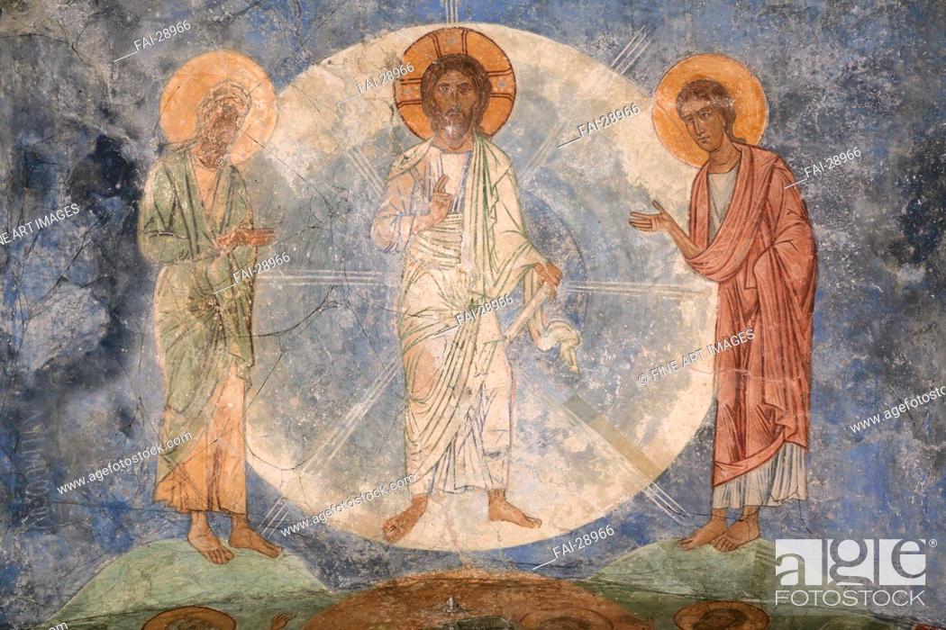 Stock Photo: The Transfiguration of Jesus by Ancient Russian frescos /Fresco/Old Russian Art/12th century/Russia, Pskov School/Mirozhsky Monastery.