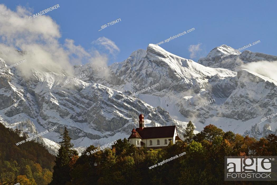 Stock Photo: Flüeli Ranft Chapel in front of Alpine panorama, Flüeli Ranft, Sachseln, Canton Obwalden, Switzerland, Europe.