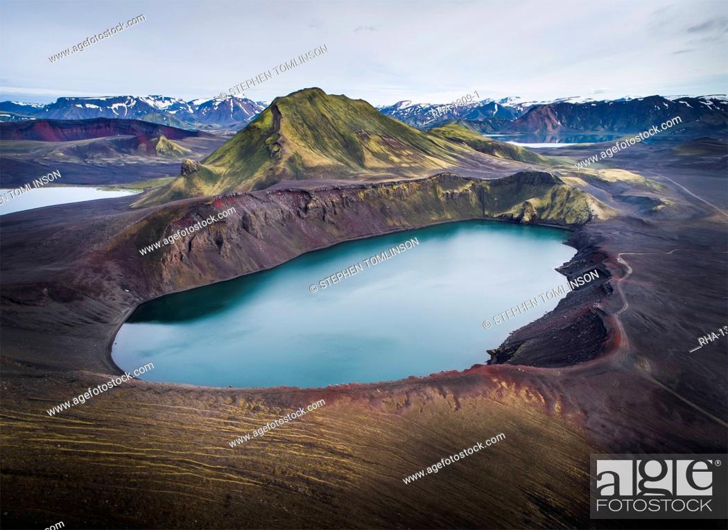 Stock Photo: Aerial view of Hnausapollur (Blahylur), a volcanic crater near Landmannalaugar, Fjallabak Nature Reserve, Southern Region, Iceland, Polar Regions.