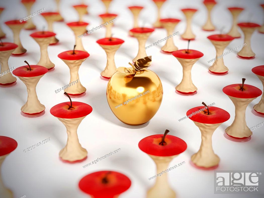 Stock Photo: Golden apple standing out among eaten apple cores. 3D illustration.