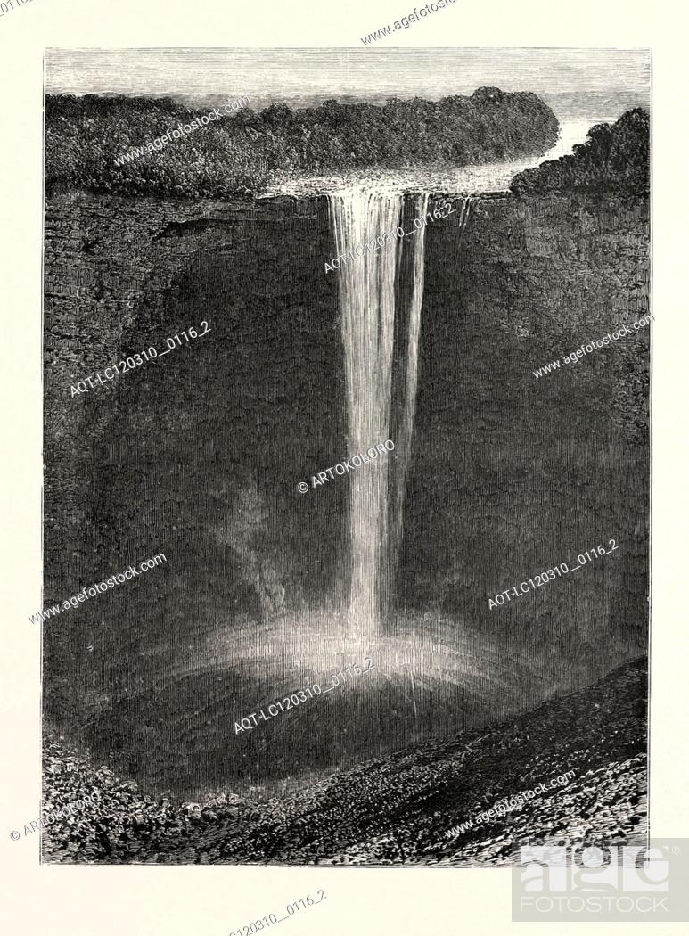 Stock Photo: THE KAIETEUR FALLS, BRITISH GUIANA, ENGRAVING 1884, a high-volume waterfall on the Potaro River in central Guyana, Potaro-Siparuni region.