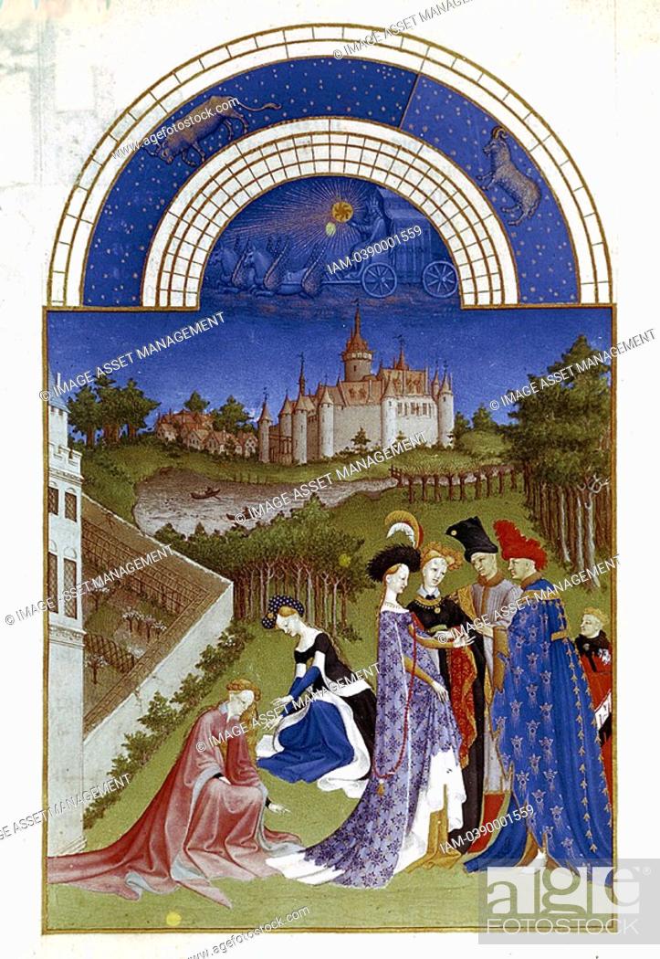 Stock Photo: April: Planetary figure of Sun in his chariot: Zodiac figures of Aries Ram and Taurus Bull at top  Duc de Berry in blue robe.