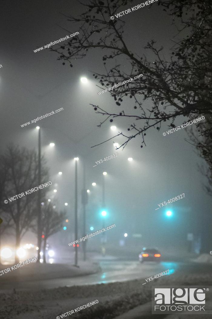 Photo de stock: Foggy night on a suburban street in winter.