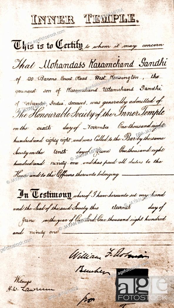Stock Photo: Mohandas Karamchand Gandhi Inner Temple Bar at Law certificate, England, 1891.