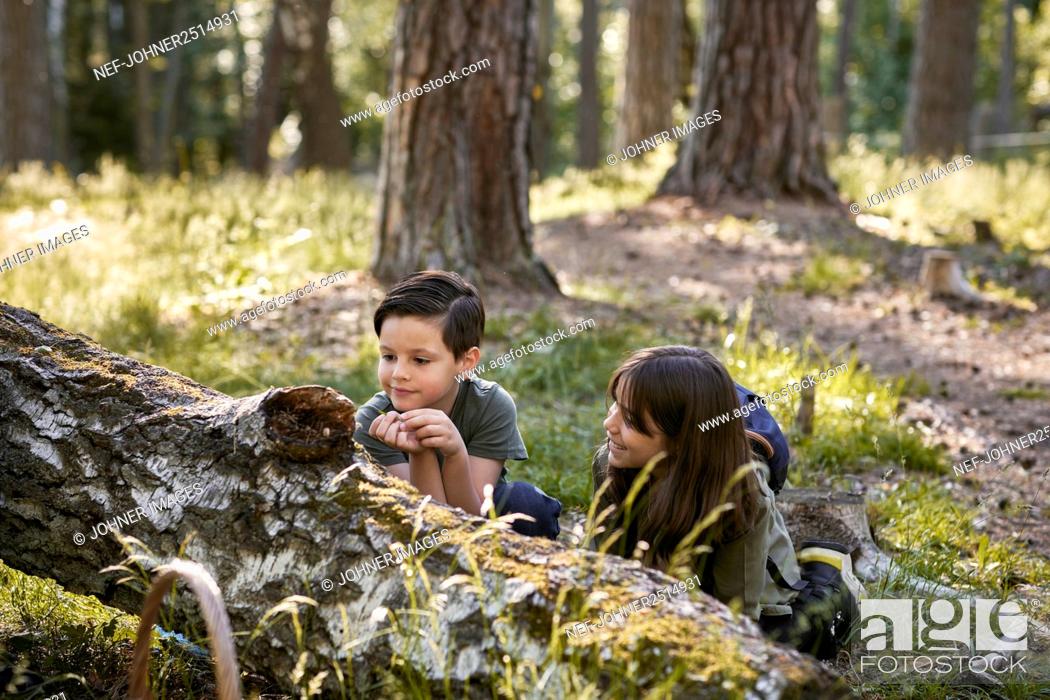 Stock Photo: Boy and girl sitting near fallen tree in forest.