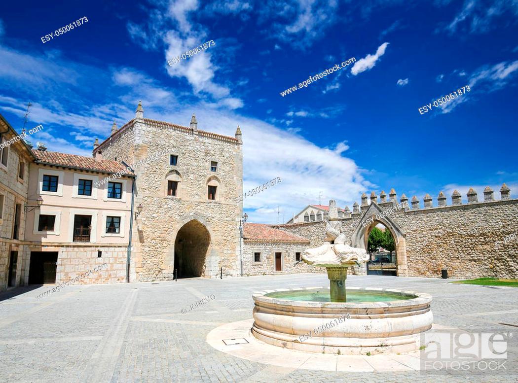 Stock Photo: Tower of Alfonso XI and part of the former City Walls at the Abbey of Santa Maria la Real de Las Huelgas, a monastery of Cistercian nuns located near Burgos in.