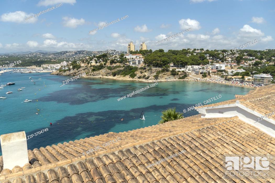 Stock Photo: Moraira Alicante Spain on July 11, 2020: Aerial view of El Portet beach.