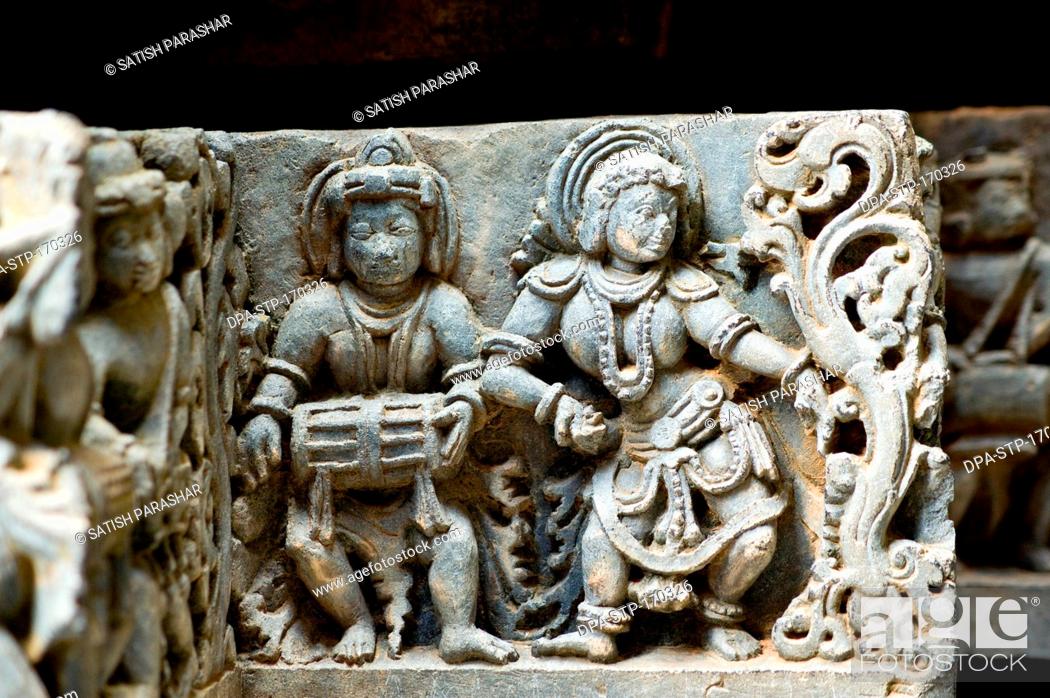 Stock Photo: Dancer and  musician statues carved on hoysaleswara temple ; Halebid Halebidu ; Hassan ; Karnataka ; India.