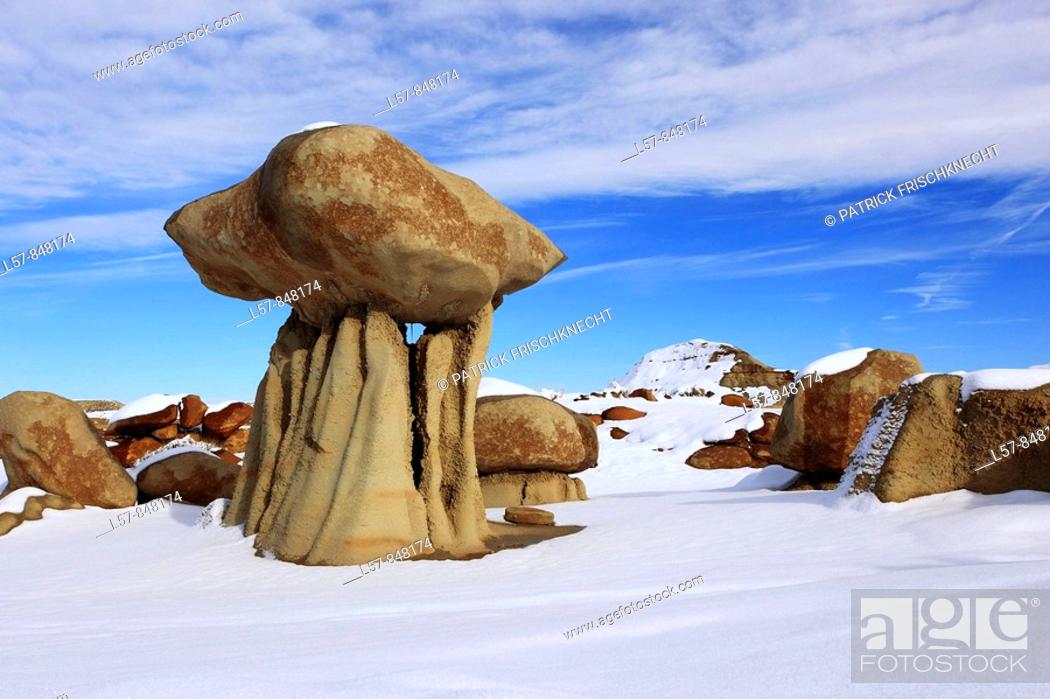 Stock Photo: Bisti Badlands, hoodoos eroded out of sandstone and clay in winter, Bisti Wilderness, New Mexico, USA.