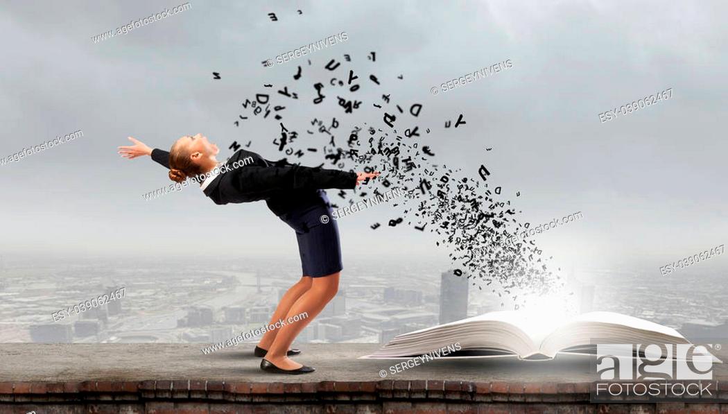 Stock Photo: Young woman benting to evade characters flying from book.