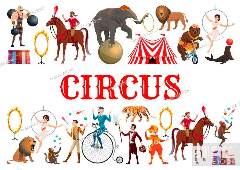 Circus entertainment show poster of wild animals tamer with lion in fire  ring and elephant balancing..., Stock Vector, Vector And Low Budget Royalty  Free Image. Pic. ESY-056900347 | agefotostock