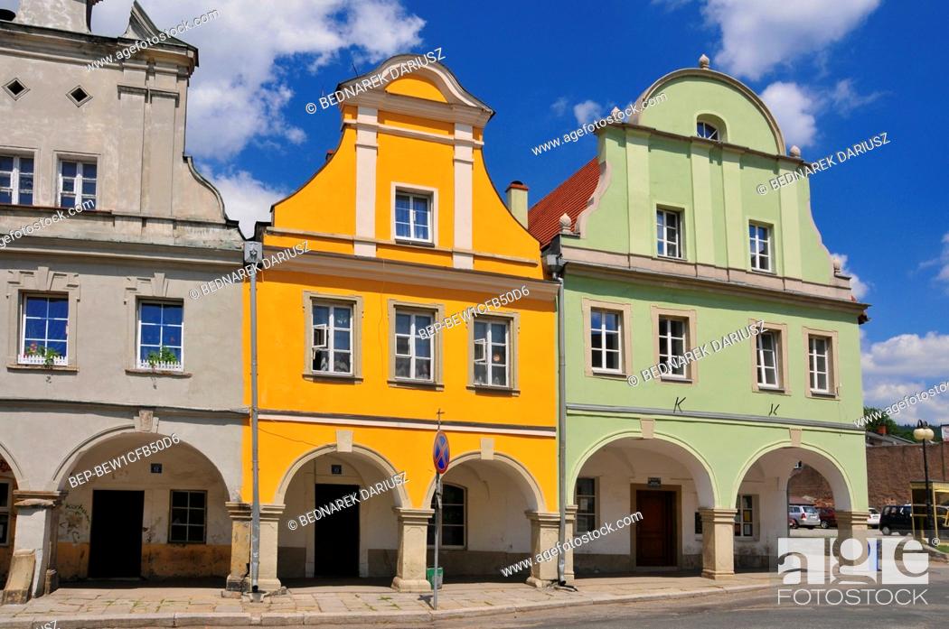 Stock Photo: Baroque and classicist tenements at the market square in village Chelmno Slaskie, Lower Silesian voivodeship, Poland.