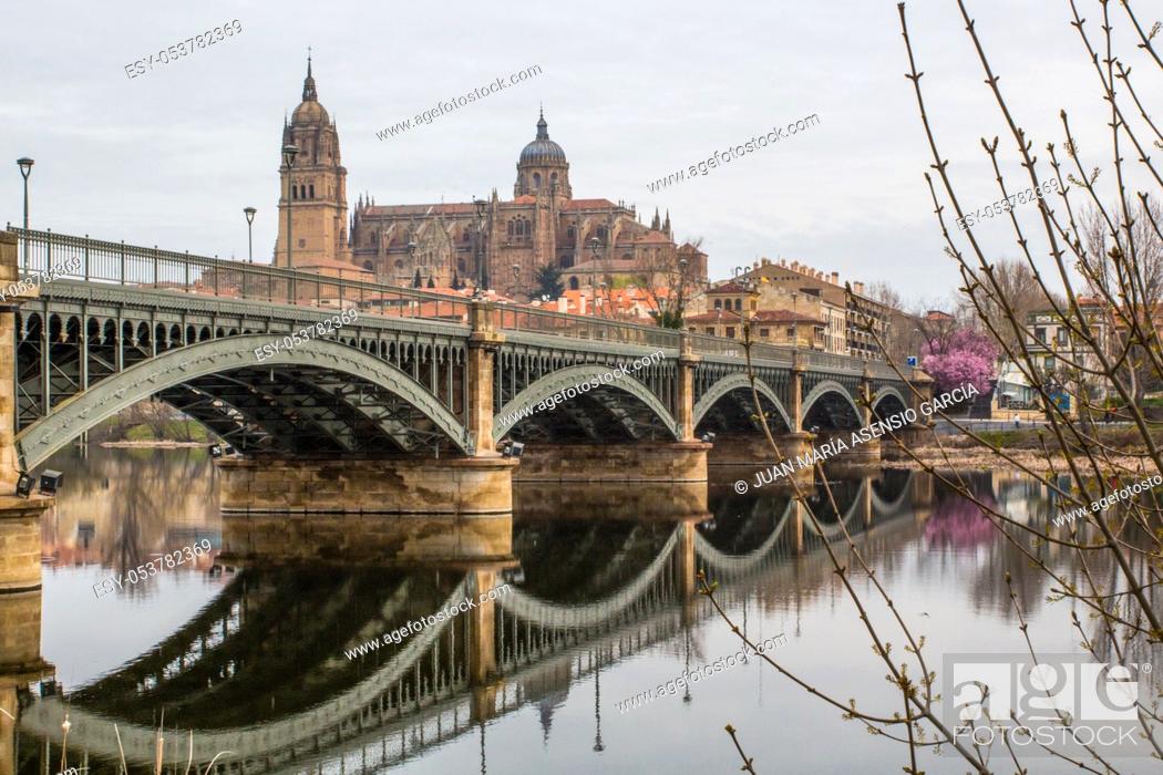 Stock Photo: monuments in the city of Salamanca cathedral and bridge over the river.