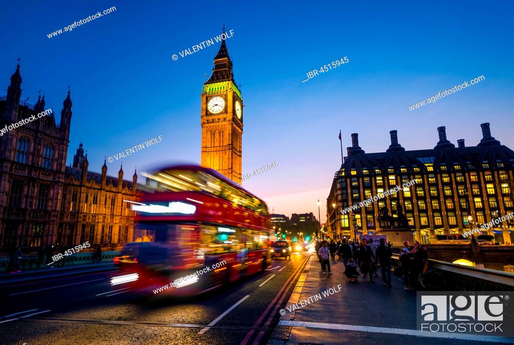 Red double decker bus in front of Big Ben, dusk, evening light, sunset,  Houses of Parliament, Stock Photo, Picture And Rights Managed Image. Pic.  IBR-4515945 | agefotostock
