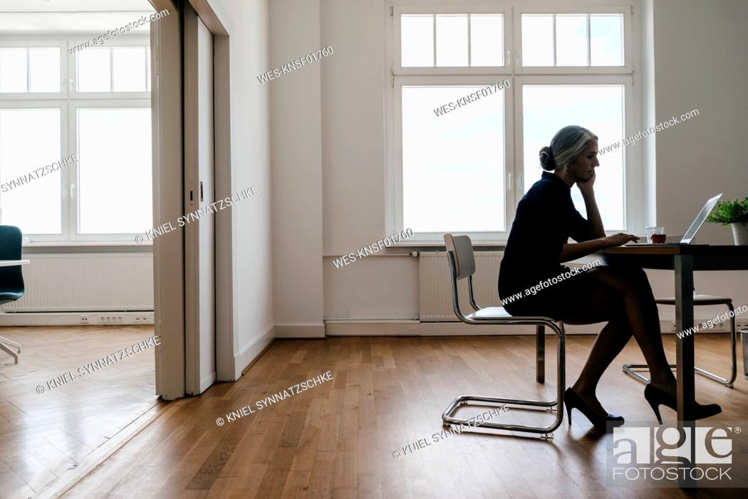 Stock Photo: Businesswoman working on laptop in office.